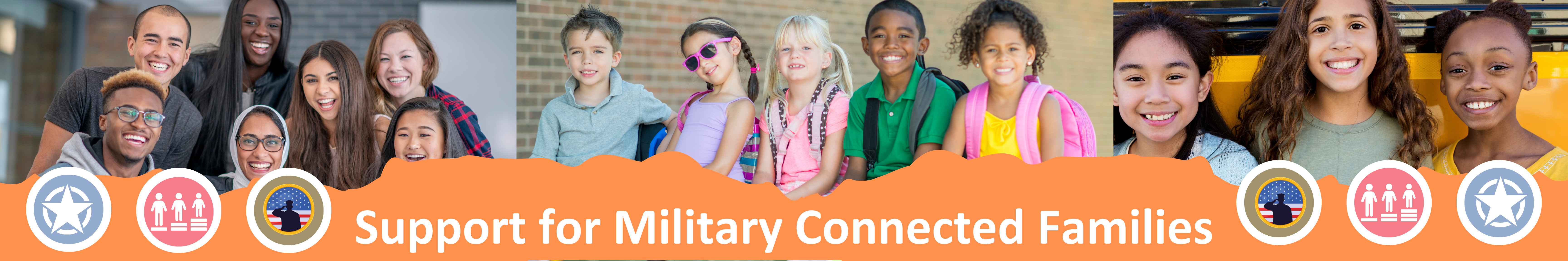 A banner of three images all reflecting diverse backgrounds, needs and cultures. The name of the website is on an orange background followed by three circle icons on both sides representing military support and services.